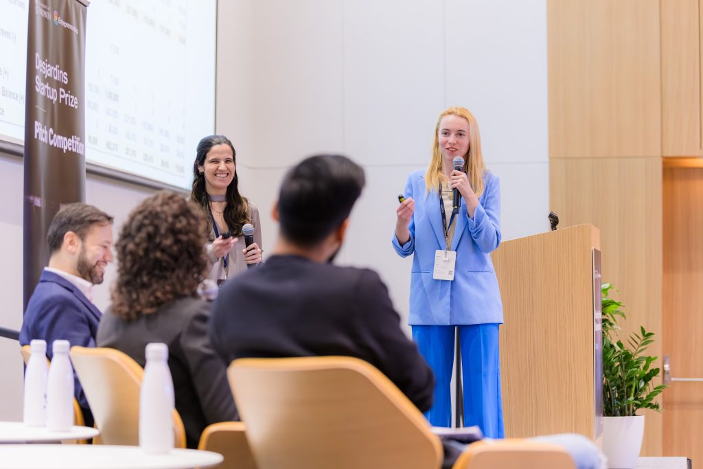 Diana Virgovicova, Xatoms Founder & CEO pitches her company to the panel of judges at the Desjardins Startup Prize in March 2024.